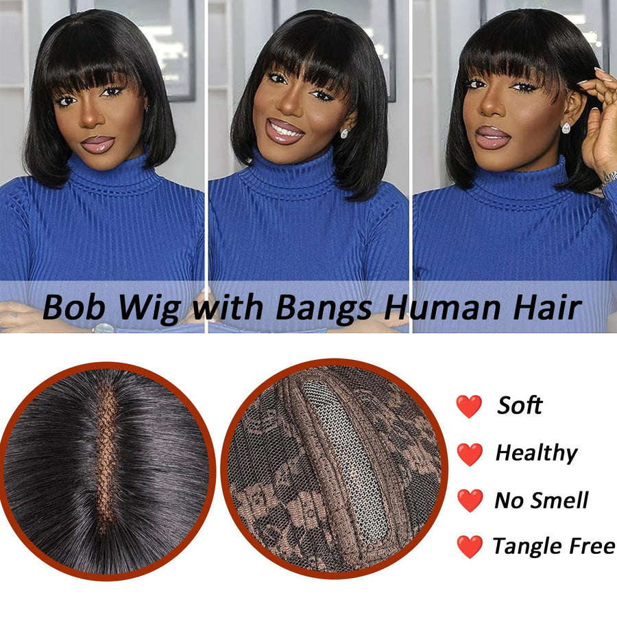 Superlook 3x2Inch Gluless Wig Silk Straight Hair Non Lace Glueless Bob Wig With Bangs